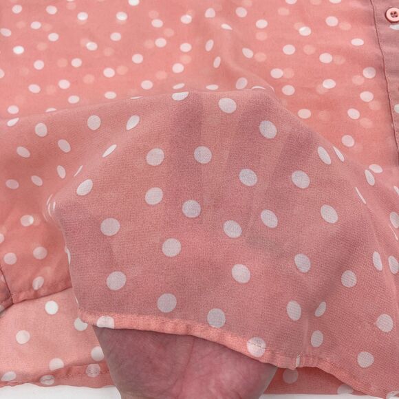 Women's Pink Sheer Polka Dot Button Up Blouse Lace Pockets Mock Collar Coquette - Picture 4 of 12